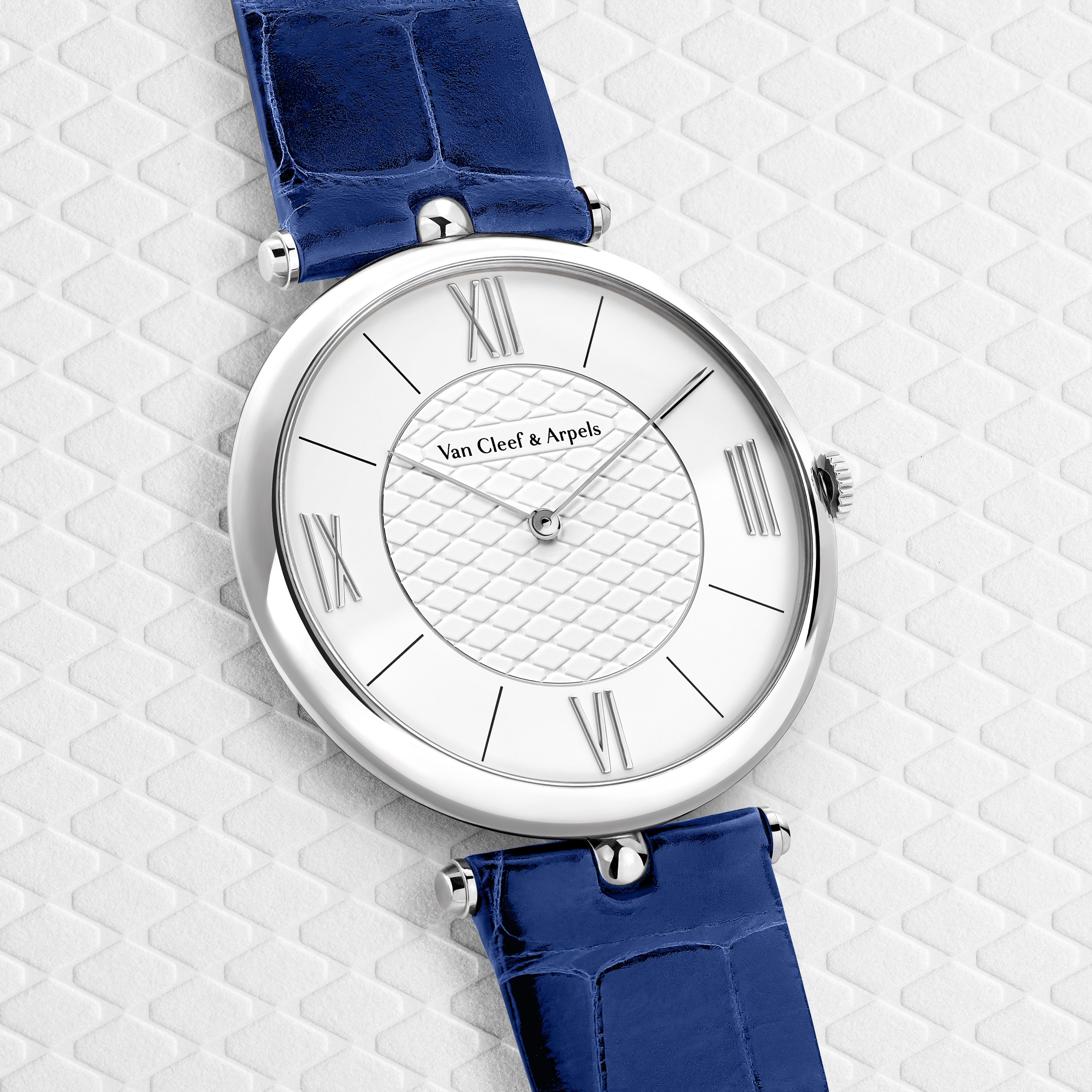 Pierre Arpels watch, 38 mm, rhodium plated 18K white gold, diamond, lacquer, manual-winding mechanical movement. Pierre Arpels collection, Van Cleef & Arpels.