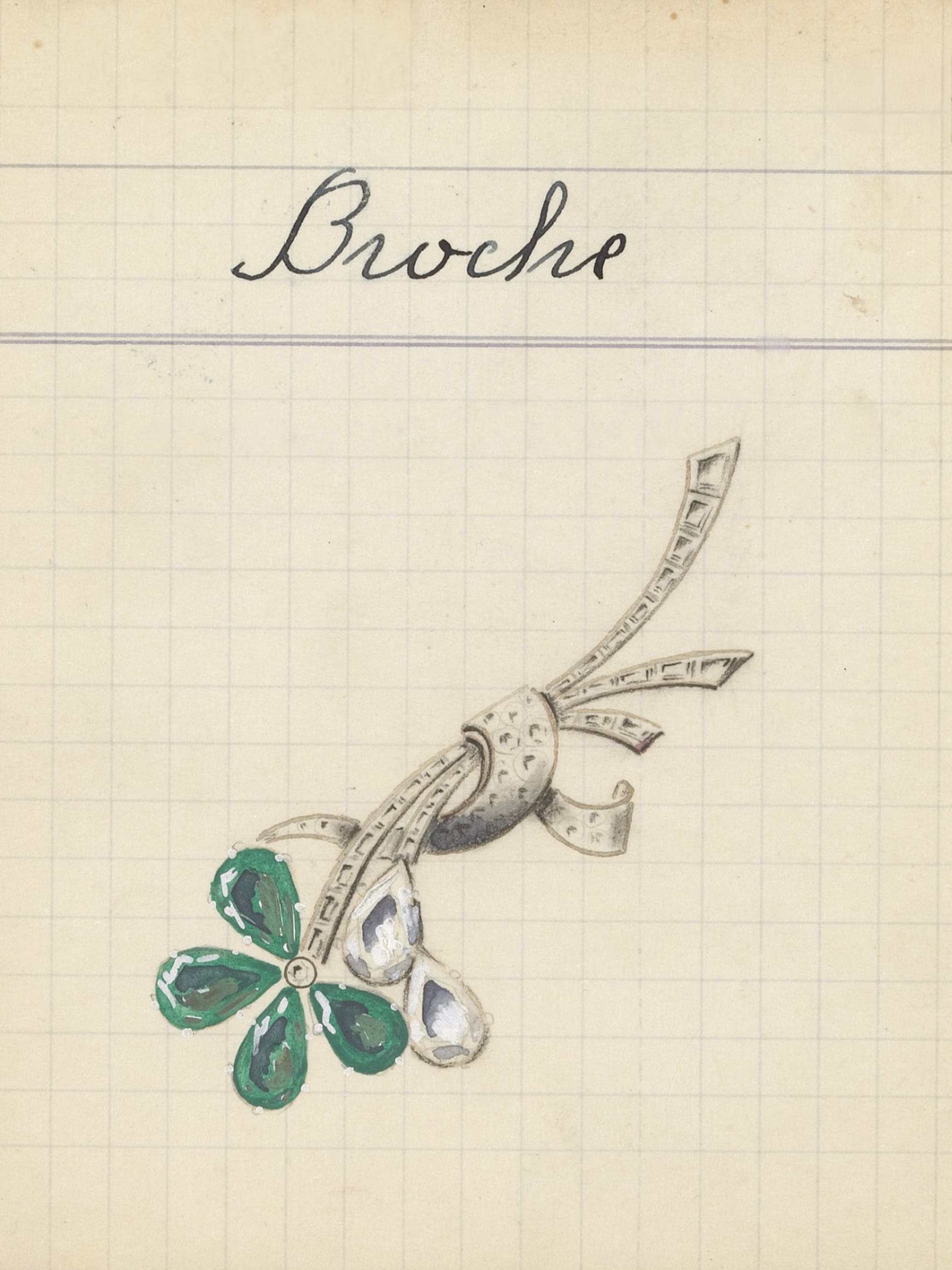 Clover胸针作品卡片，1936年。Van Cleef & Arpels梵克雅宝档案。
