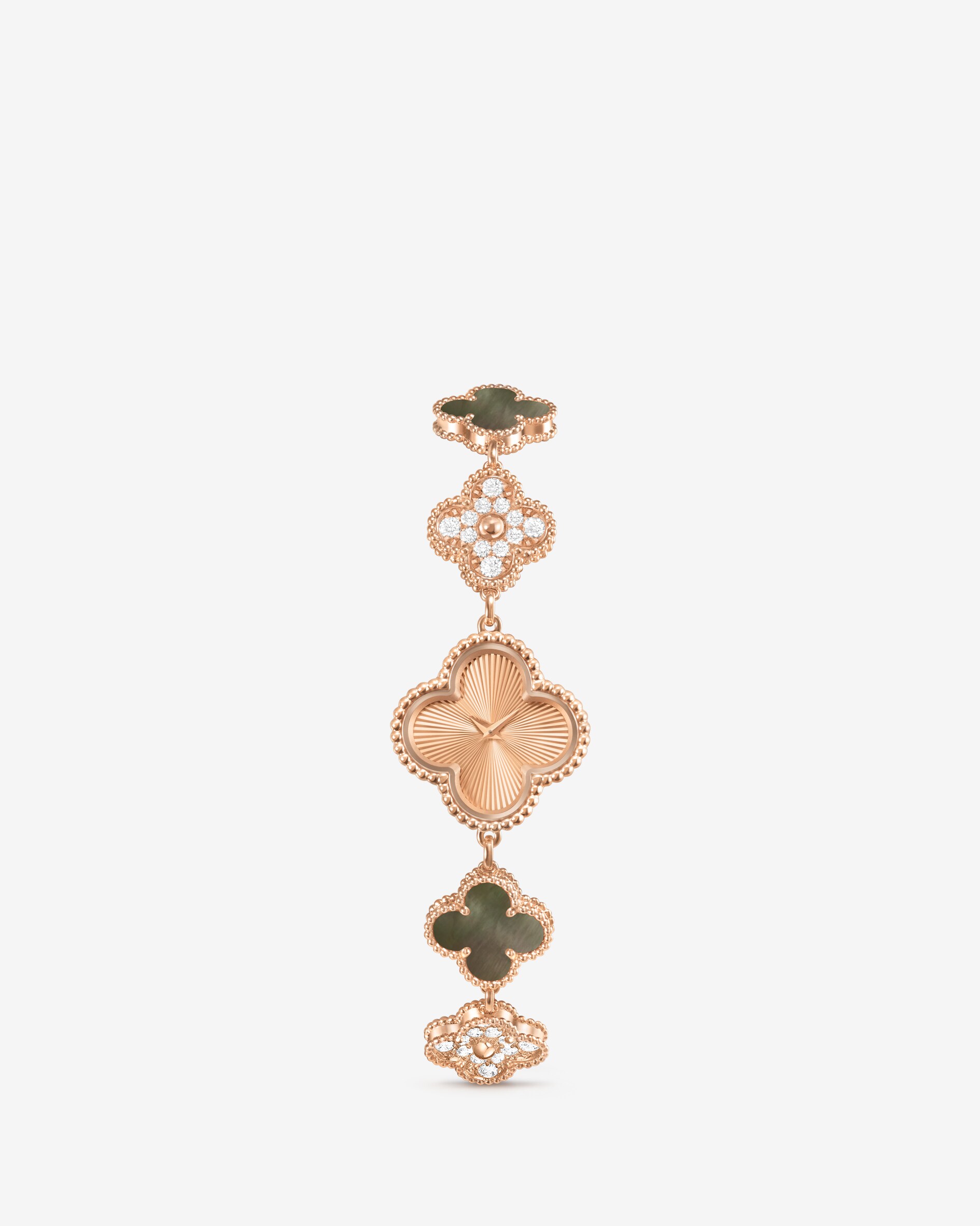 Sweet Alhambra腕表，白K金，玉髓，钻石。Alhambra®四叶幸运系列，Van Cleef & Arpels梵克雅宝。