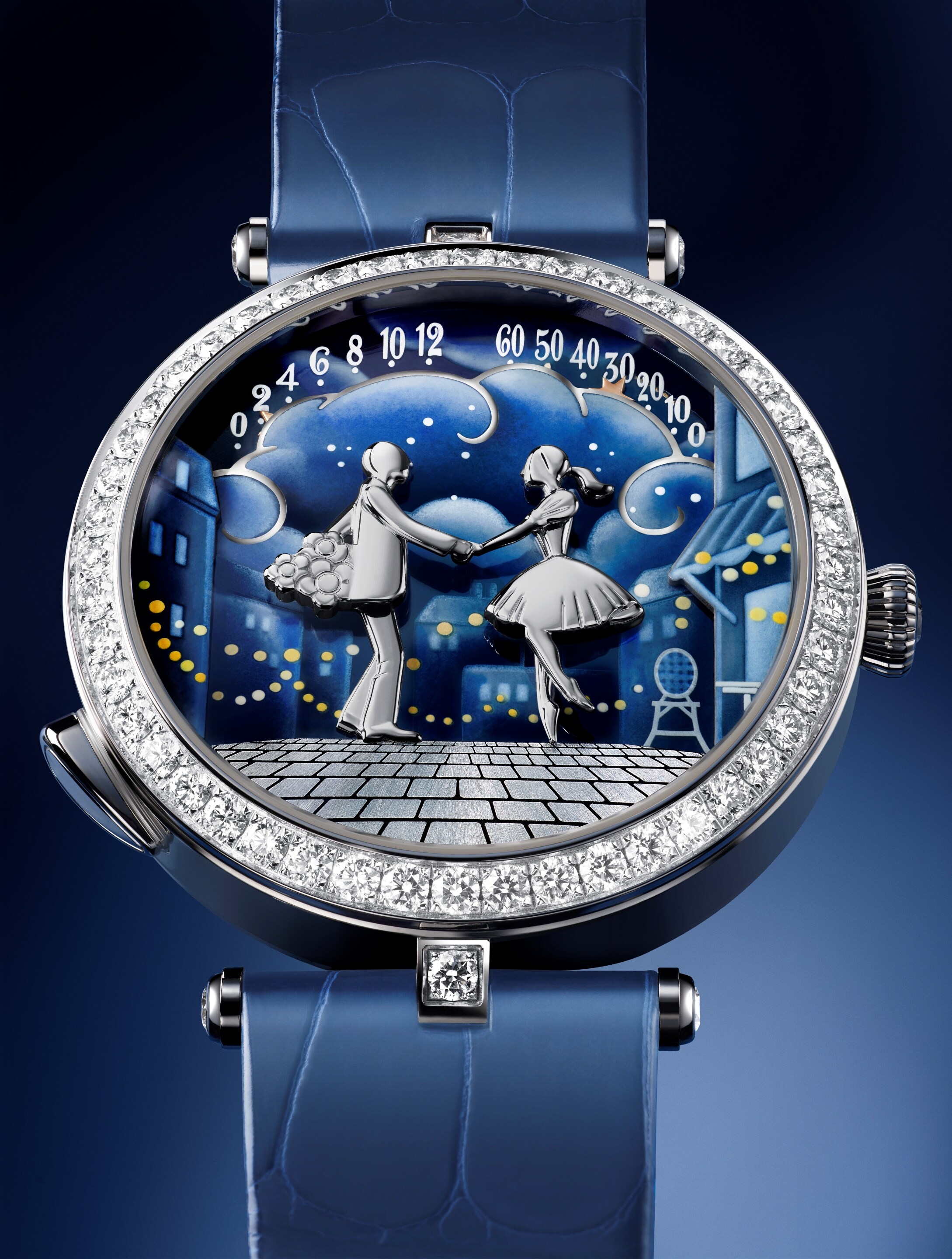 Lady Arpels Bal des Amoureux Automate watch. Rhodium plated 18K white gold, diamonds, enamel. Self-winding mechanical movement, retrograde, automaton and on-demand animation. Poetic Complications® collection, Van Cleef & Arpels.