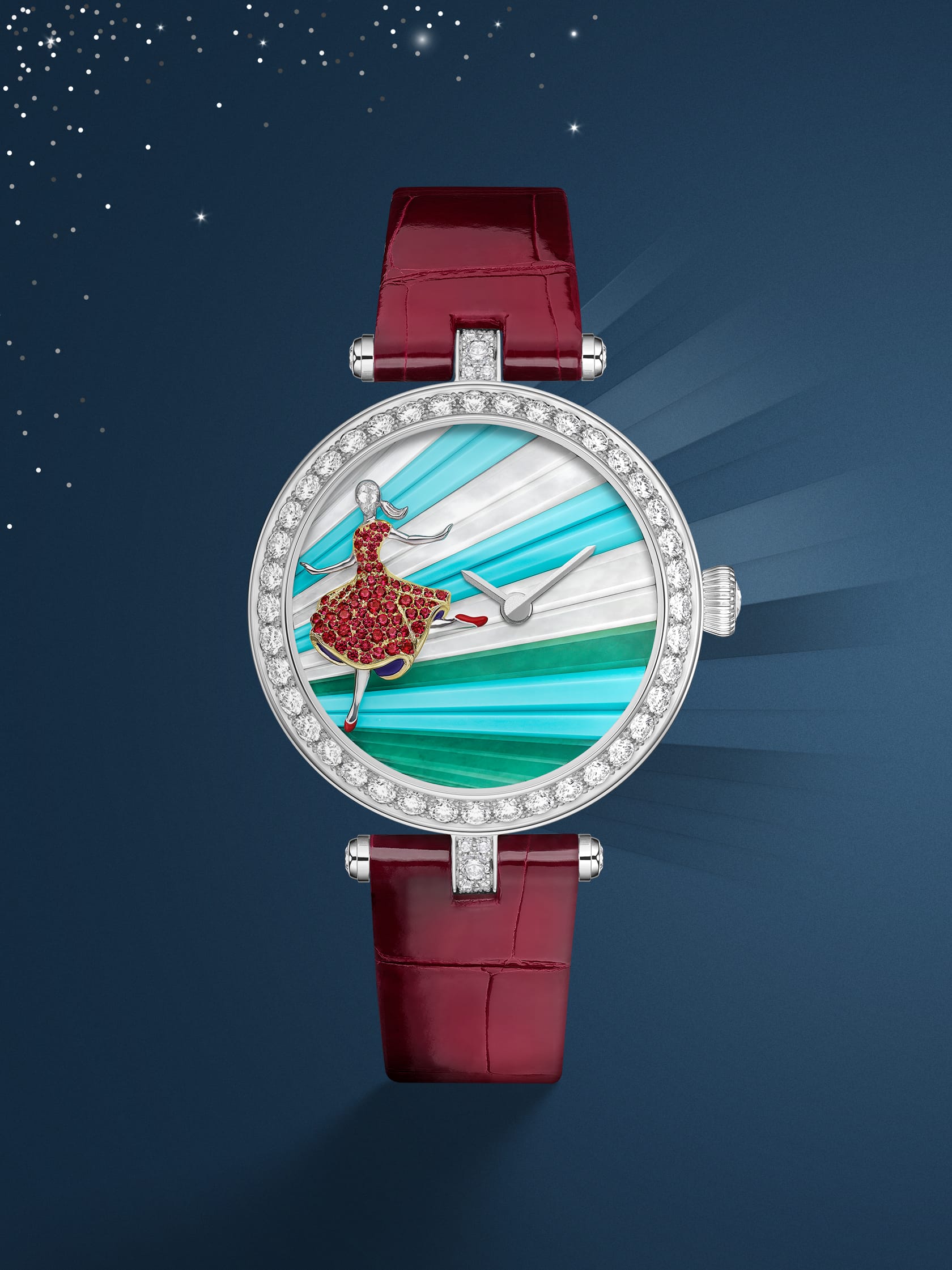 Lady Danse腕表，镀铑18K白金，18K黄金，钻石，红宝石，绿松石，绿玉髓，白色珍珠母贝，手动上链机械机芯。Extraordinary Dials非凡表盘腕表系列，Van Cleef & Arpels梵克雅宝。