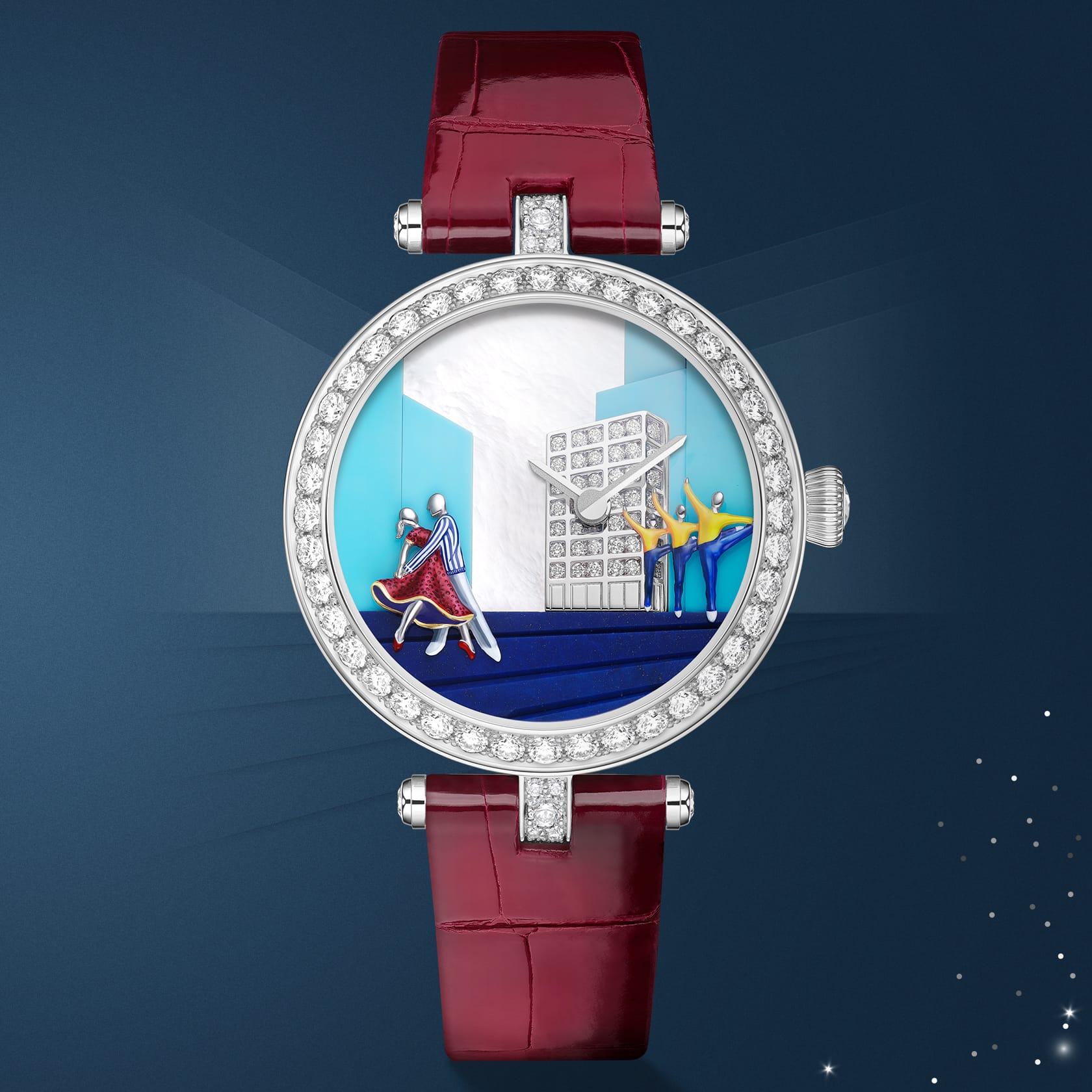 Lady Danse腕表，镀铑18K白金，18K黄金，钻石，青金石，绿松石，白色珍珠母贝，手动上链机械机芯。Extraordinary Dials非凡表盘腕表系列，Van Cleef & Arpels梵克雅宝。