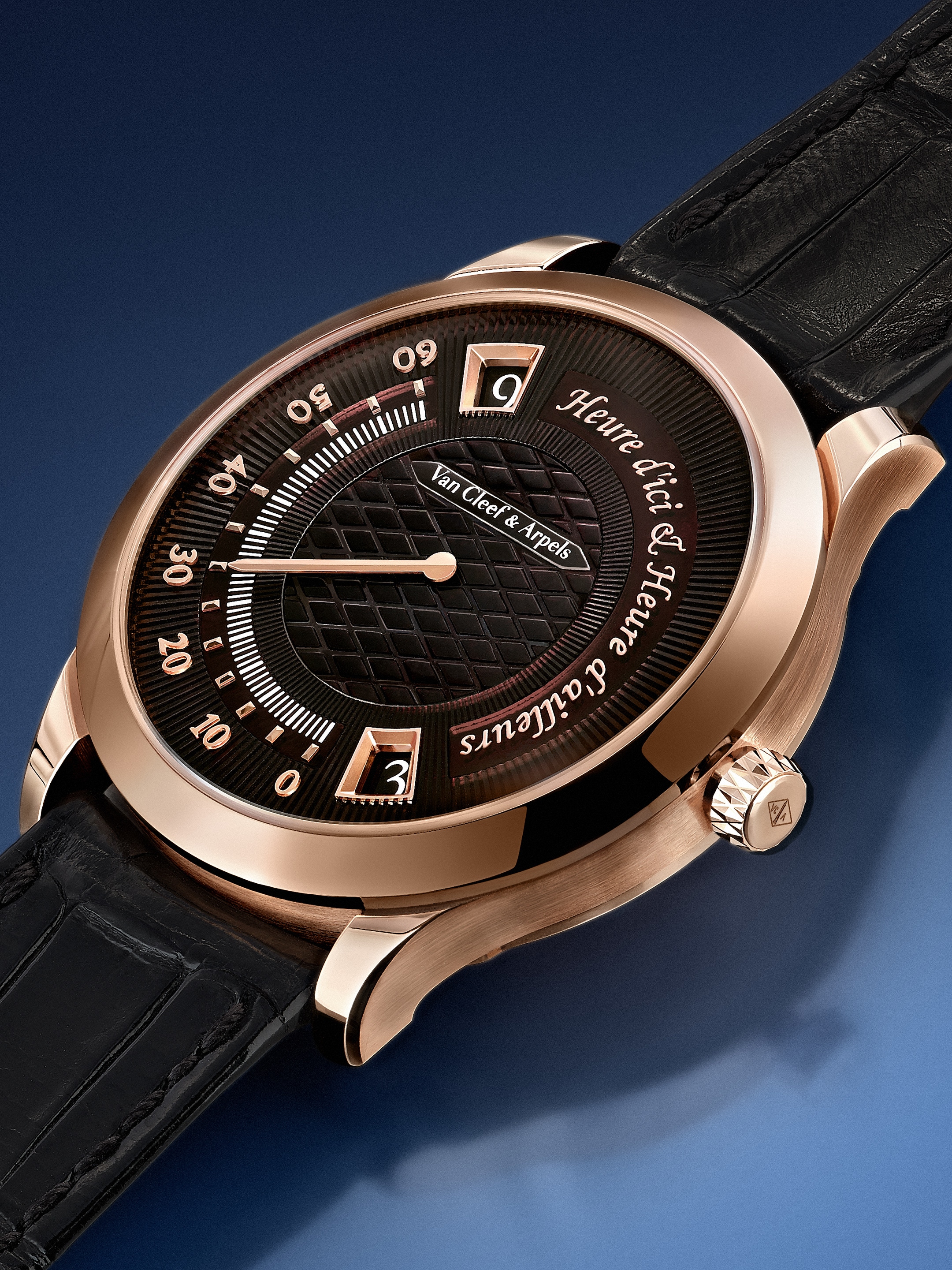 Midnight Heure d’ici & Heure d’ailleurs watch, rose gold, enamel, self-winding mechanical movement featuring a dual time zone with double jumping hours and retrograde minutes mechanism. Van Cleef & Arpels.
