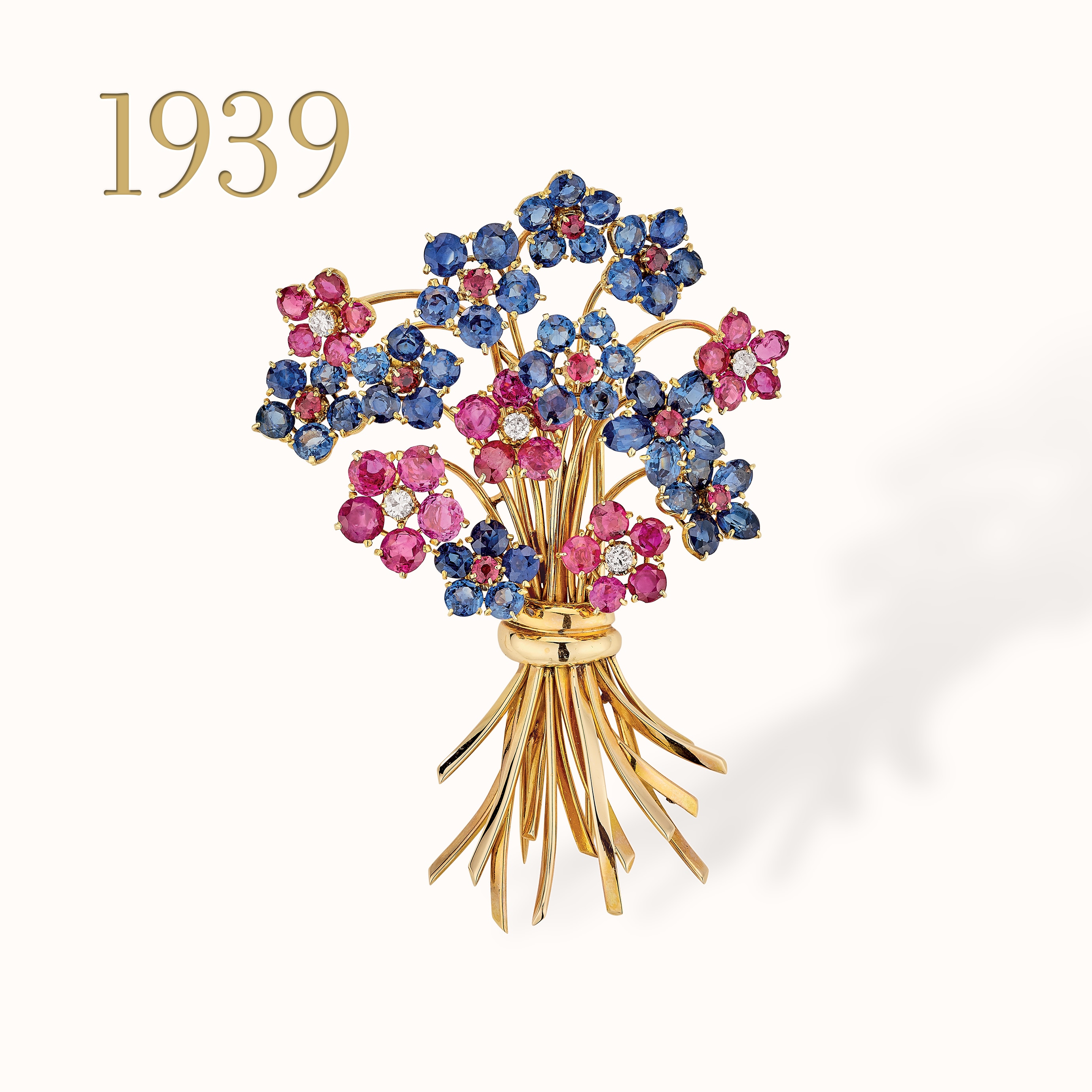 Hawaii bouquet胸针，黄K金，红宝石，蓝宝石，钻石。Van Cleef & Arpels梵克雅宝系列。