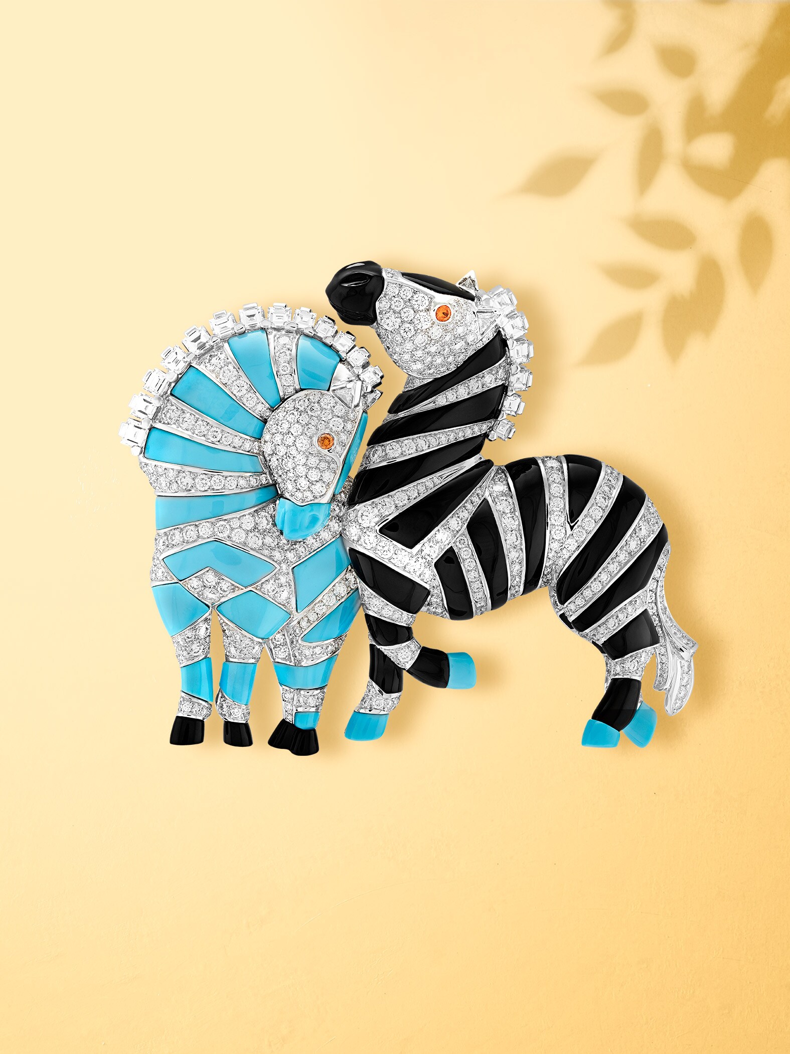 Zèbres clip, white gold, spessartite, garnets, onyx, turquoise, diamonds. High Jewelry collection, Van Cleef & Arpels