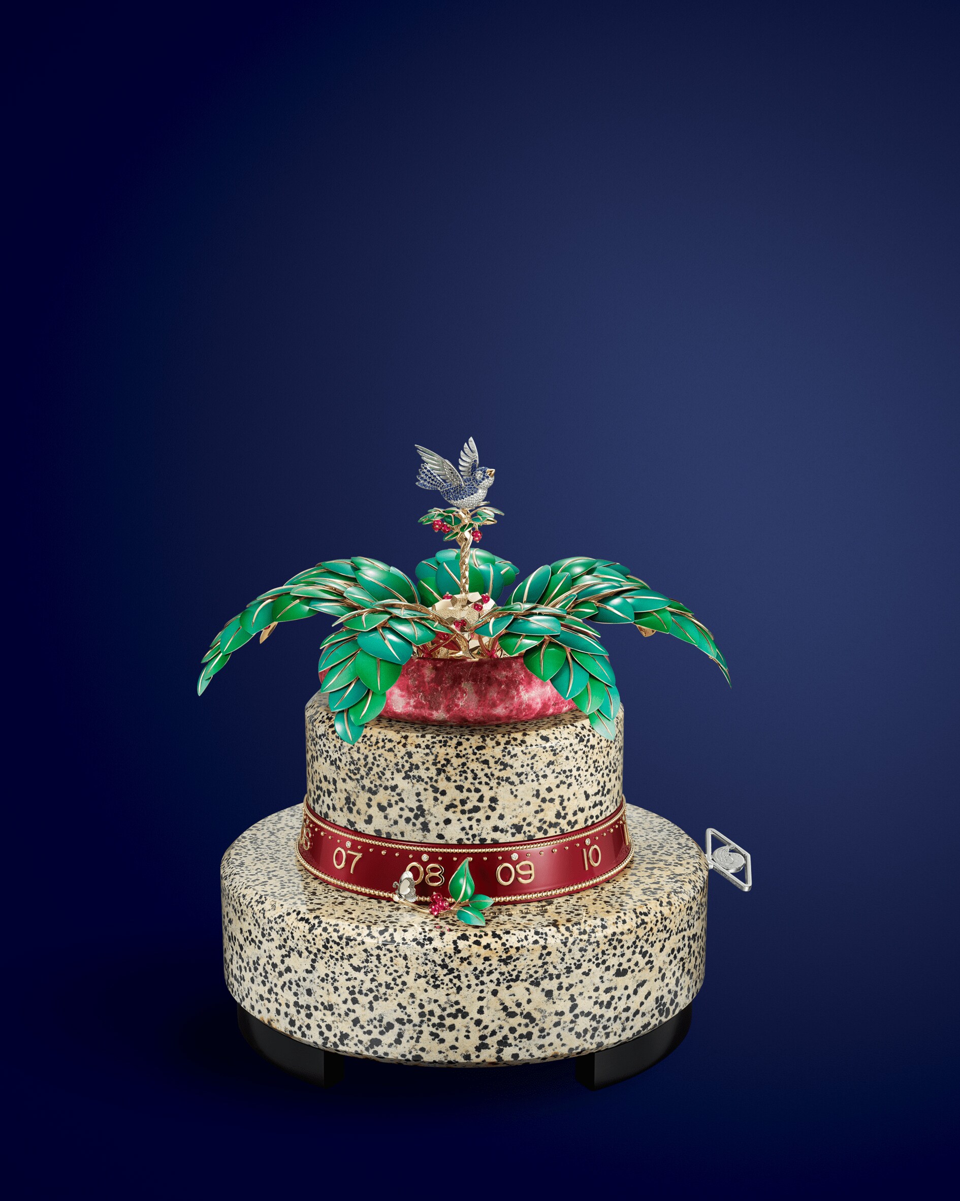 Apparition des Baies automaton, white, yellow and rose gold, light and intense blue sapphires, diamonds, red spinels, dalmatian jasper, thulite, lacquer, ebony, goat leather, aluminum, steel. Extraordinary Objects collection, Van Cleef & Arpels.