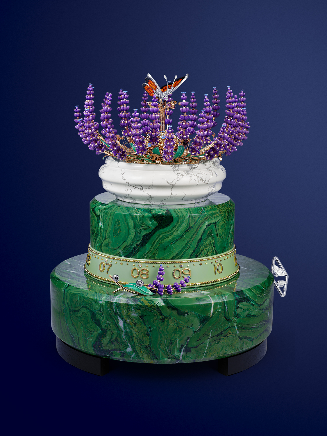 Brassée de lavande automaton. Rose, yellow and white gold, pink sapphires, amethysts, tiger's eye, verdite, howlite, diamonds, enamel, lacquer, ebony, leather, aluminium, steel. Automaton and mechanical movements, 12-hour/minute function on a 360-degree rotating ring, 8-day power reserve, on-demand animation with a melody, carillon of 5 bells and hammers. Extraordinary Objects™ collection, Van Cleef & Arpels.