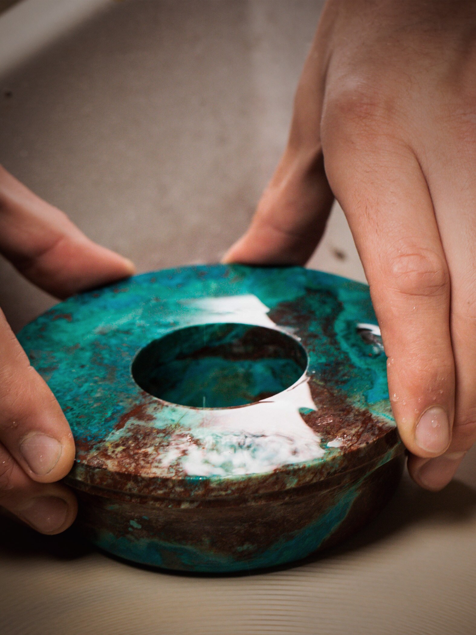 Polishing work on the shattuckite bowl. Extraordinary Objects collection, Van Cleef & Arpels.