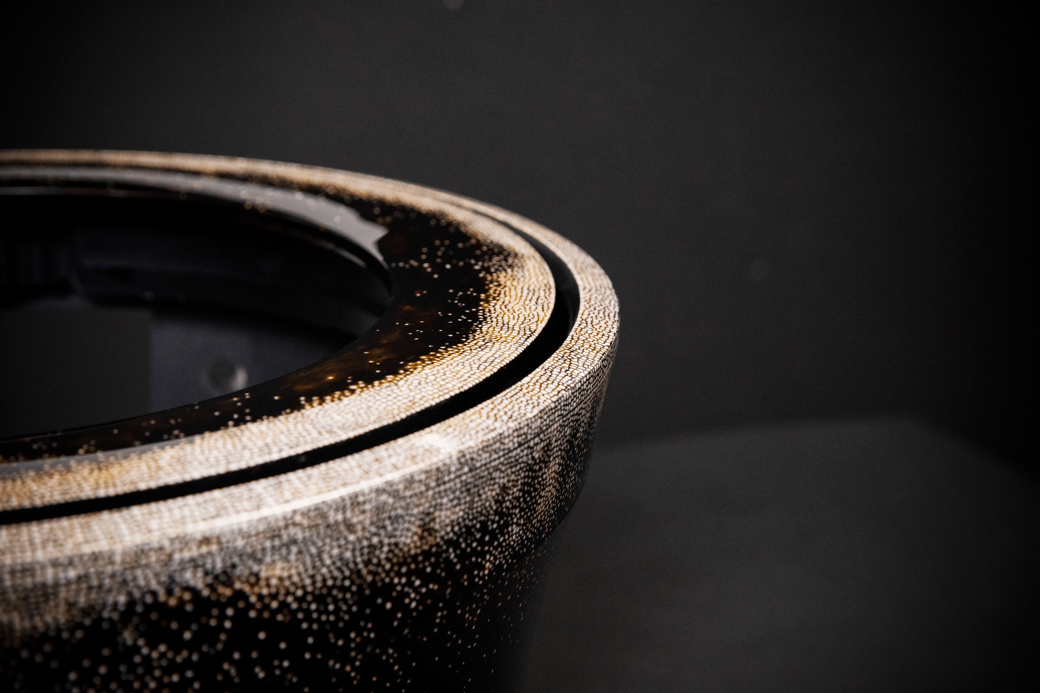 Details of the base in white gold, yellow gold, vegetal lacquer, hen eggshell marquetry, ebony, glass, Fontaine aux Oiseaux automaton. Extraordinary Object, Van Cleef & Arpels