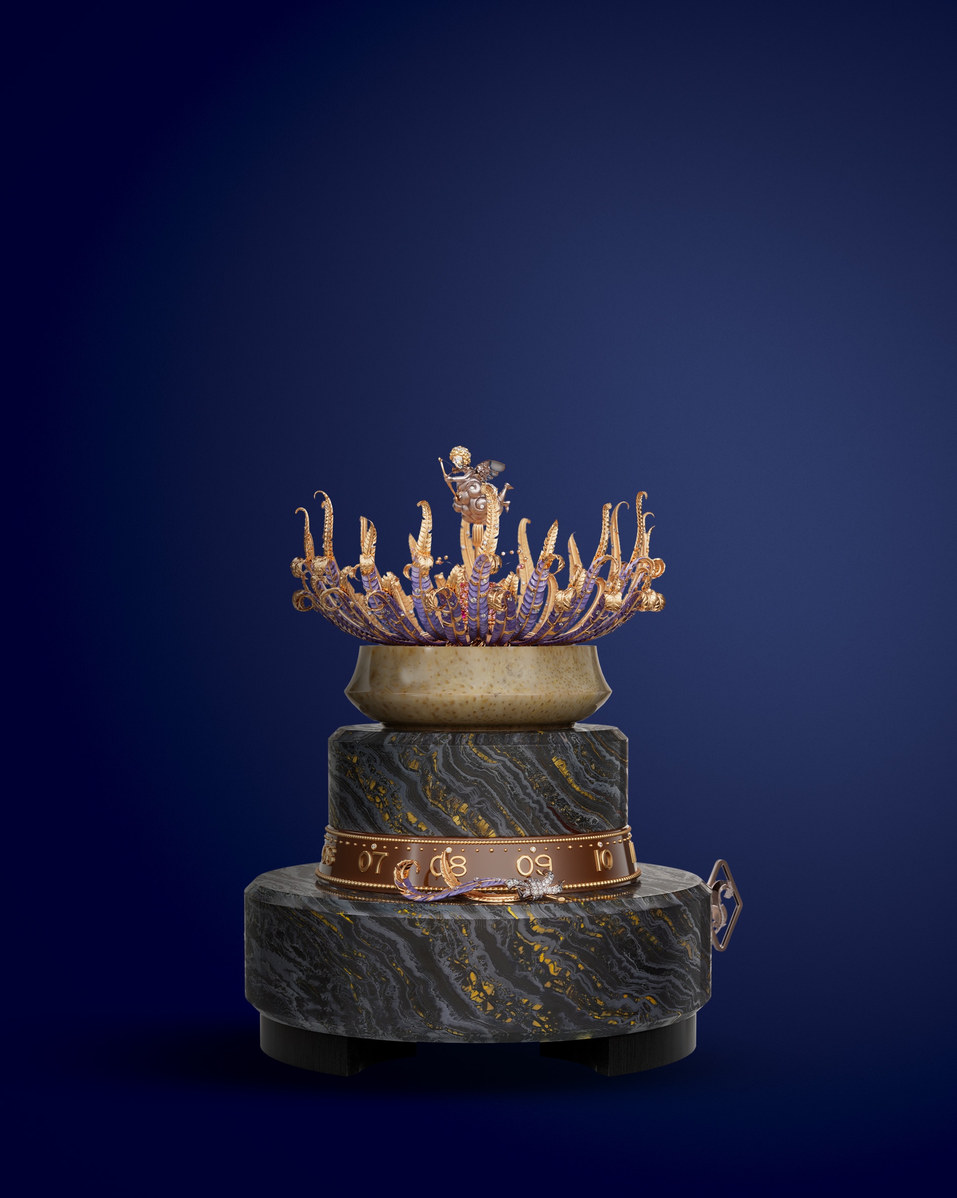 Naissance de l’Amour automaton, rose, white and yellow gold, pink sapphires, diamonds, iron eye, petrified palm tree, enamel, lacquer, ebony, leather, aluminium, steel. Automaton and mechanical movements, 12-hour function on a 360-degree rotating ring, 8-day power reserve, on-demand animation with a melody. Extraordinary Objects™ collection, Van Cleef & Arpels.