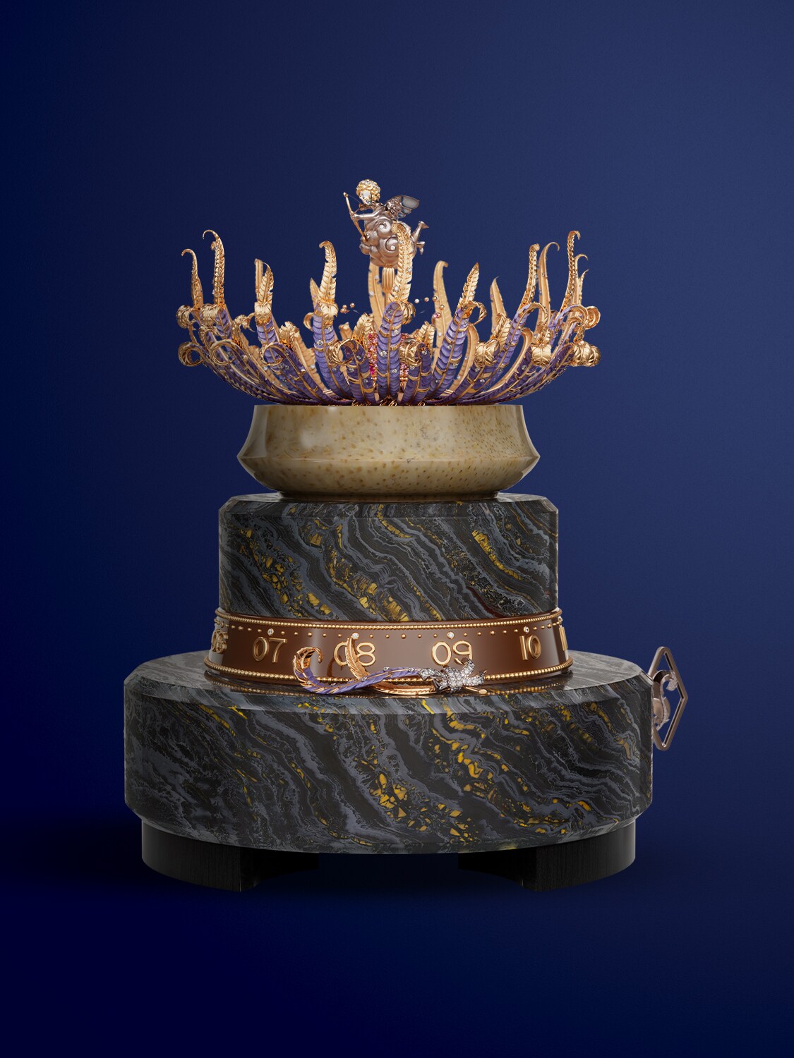 Naissance de l’Amour automaton, rose, white and yellow gold, pink sapphires, diamonds, iron eye, petrified palm tree, enamel, lacquer, ebony, leather, aluminium, steel. Automaton and mechanical movements, 12-hour function on a 360-degree rotating ring, 8-day power reserve, on-demand animation with a melody. Extraordinary Objects™ collection, Van Cleef & Arpels.