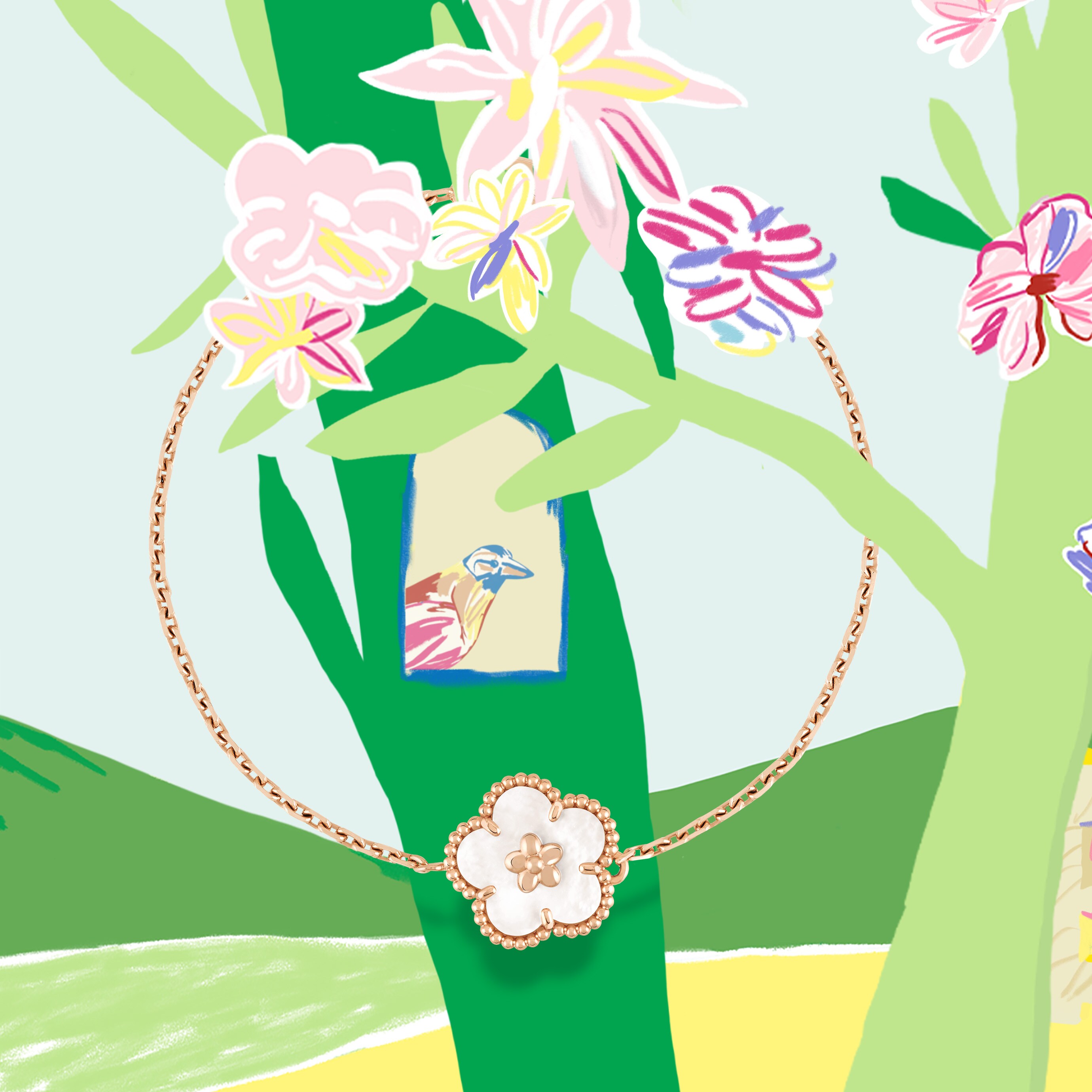 Lucky Spring bracelet, plum blossom, 18K rose gold, white mother-of-pearl. Lucky Spring collection, Van Cleef & Arpels.