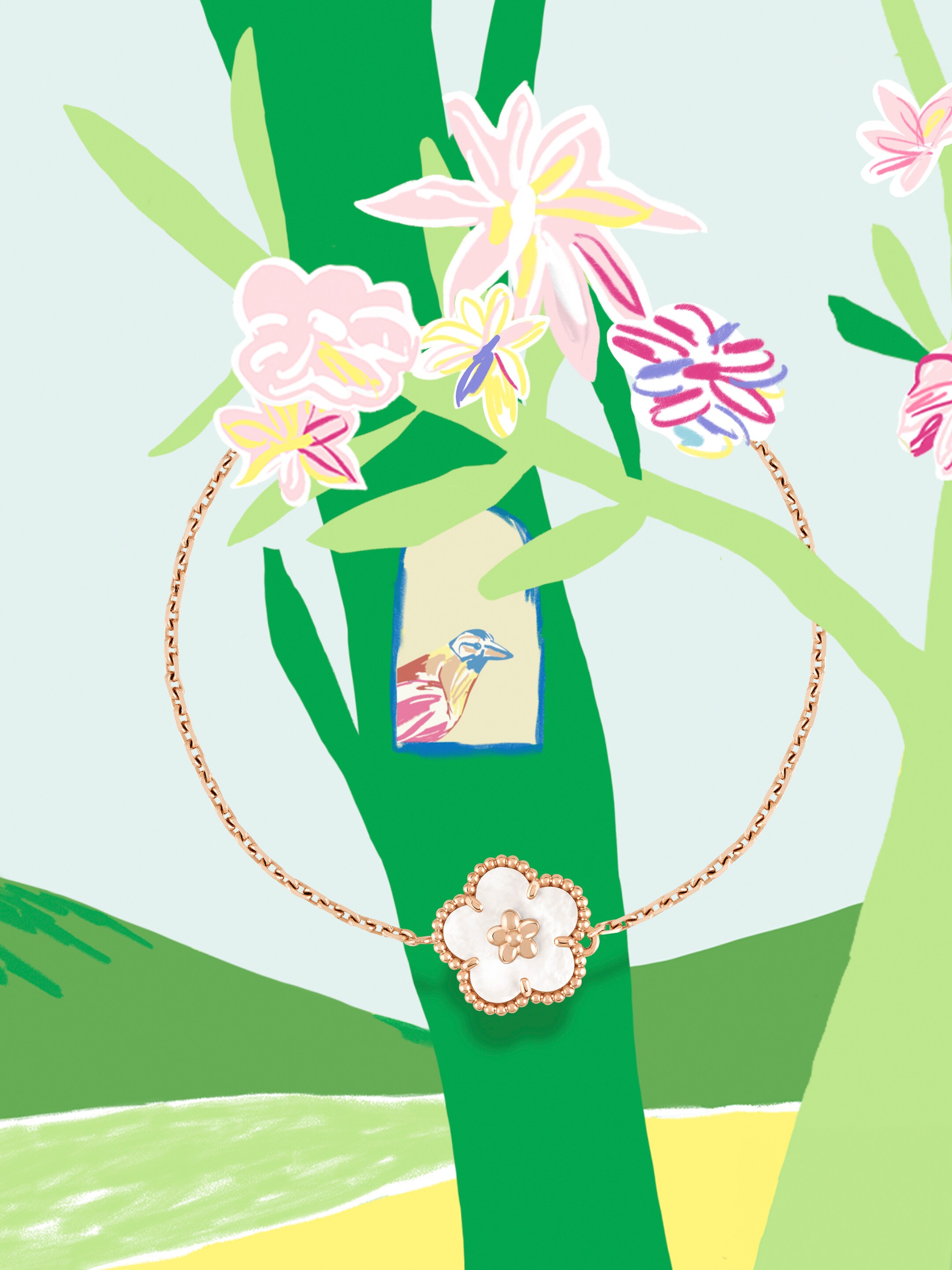Frivole® bracelet, 7 flowers, 18K yellow gold, diamonds. Frivole® collection, Van Cleef & Arpels.