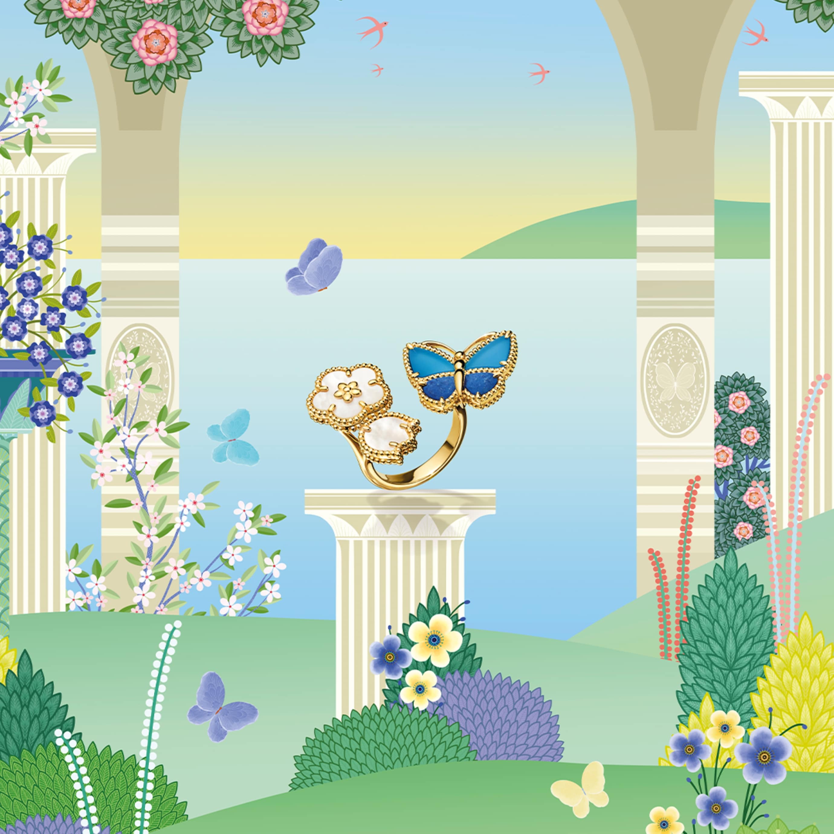 Lucky Spring Butterfly指间戒，黄K金，青金石，蓝玛瑙，白色珍珠母贝。Lucky Spring系列，Van Cleef & Arpels梵克雅宝。