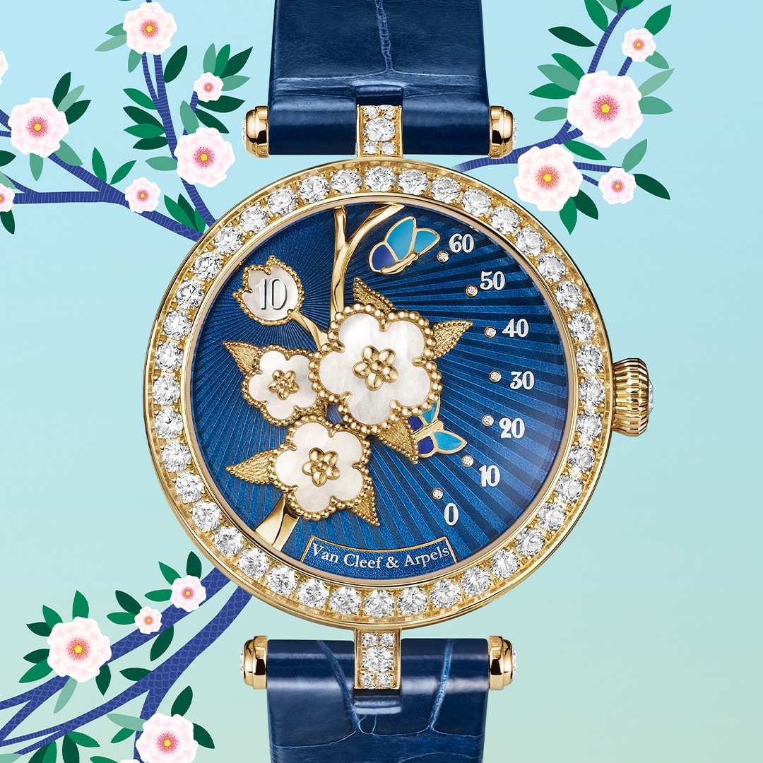 Lady Lucky Spring Butterfly腕表，黄K金，珐琅，白色珍珠母贝，钻石，自动上链机械机芯，搭载逆跳分钟和跳时功能。Poetic Complications诗意复杂功能腕表系列，Van Cleef & Arpels梵克雅宝