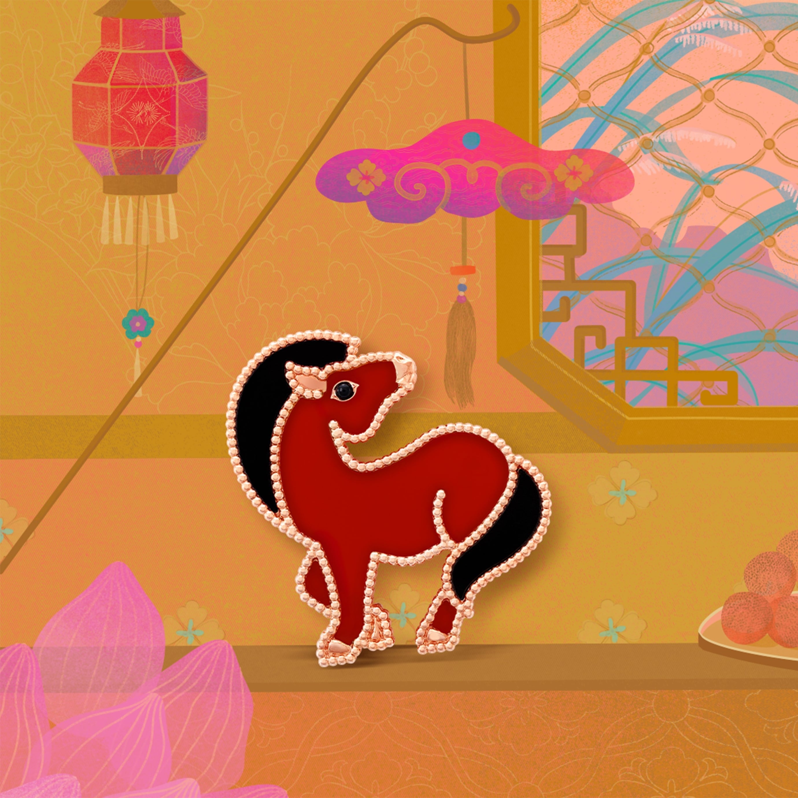 Lucky Animals Horse clip, 18K rose gold, carnelian, onyx. Lucky Animals® collection, Van Cleef & Arpels.