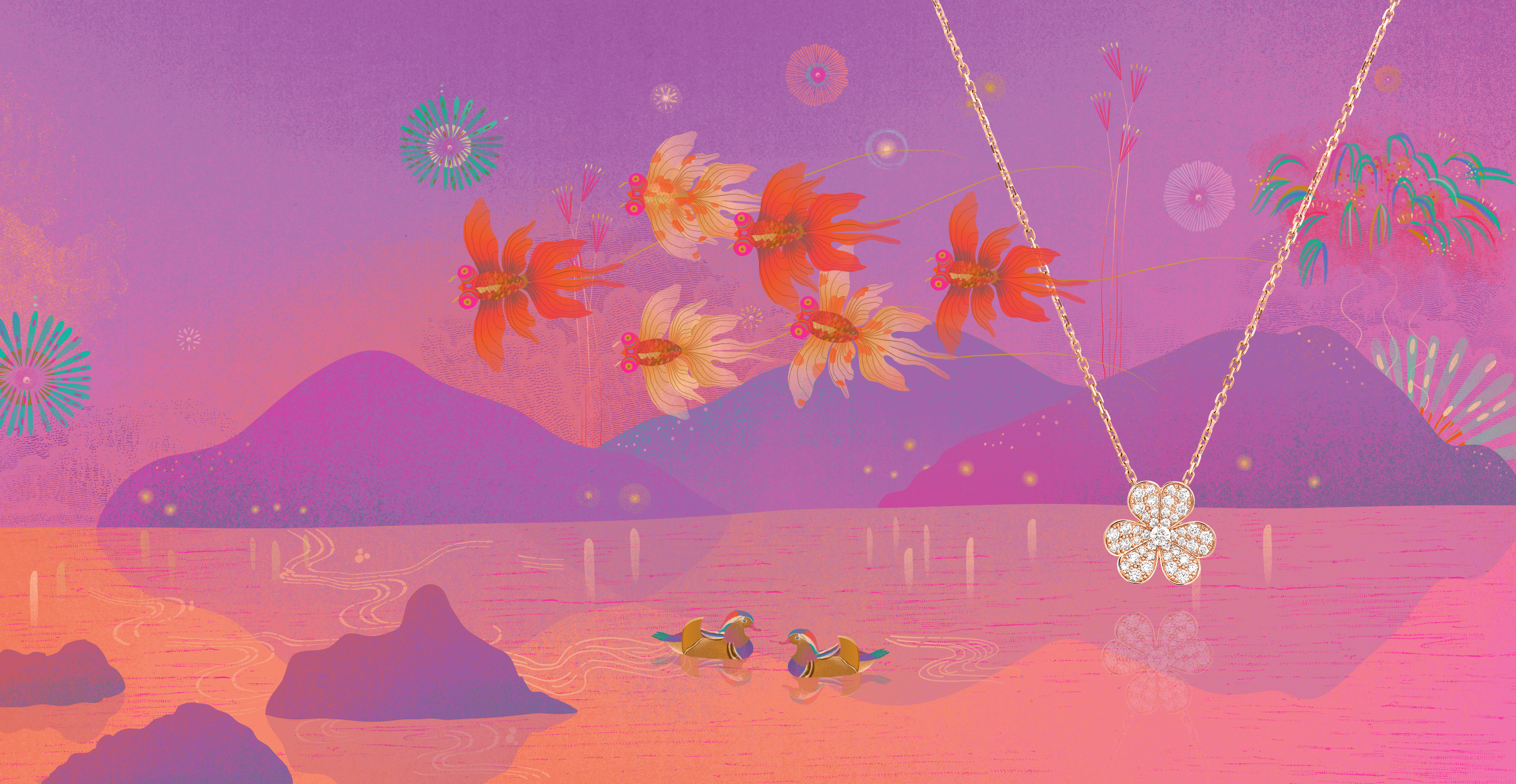 Frivole pendant, small model, 18K rose gold, diamonds. Frivole® collection, Van Cleef & Arpels.