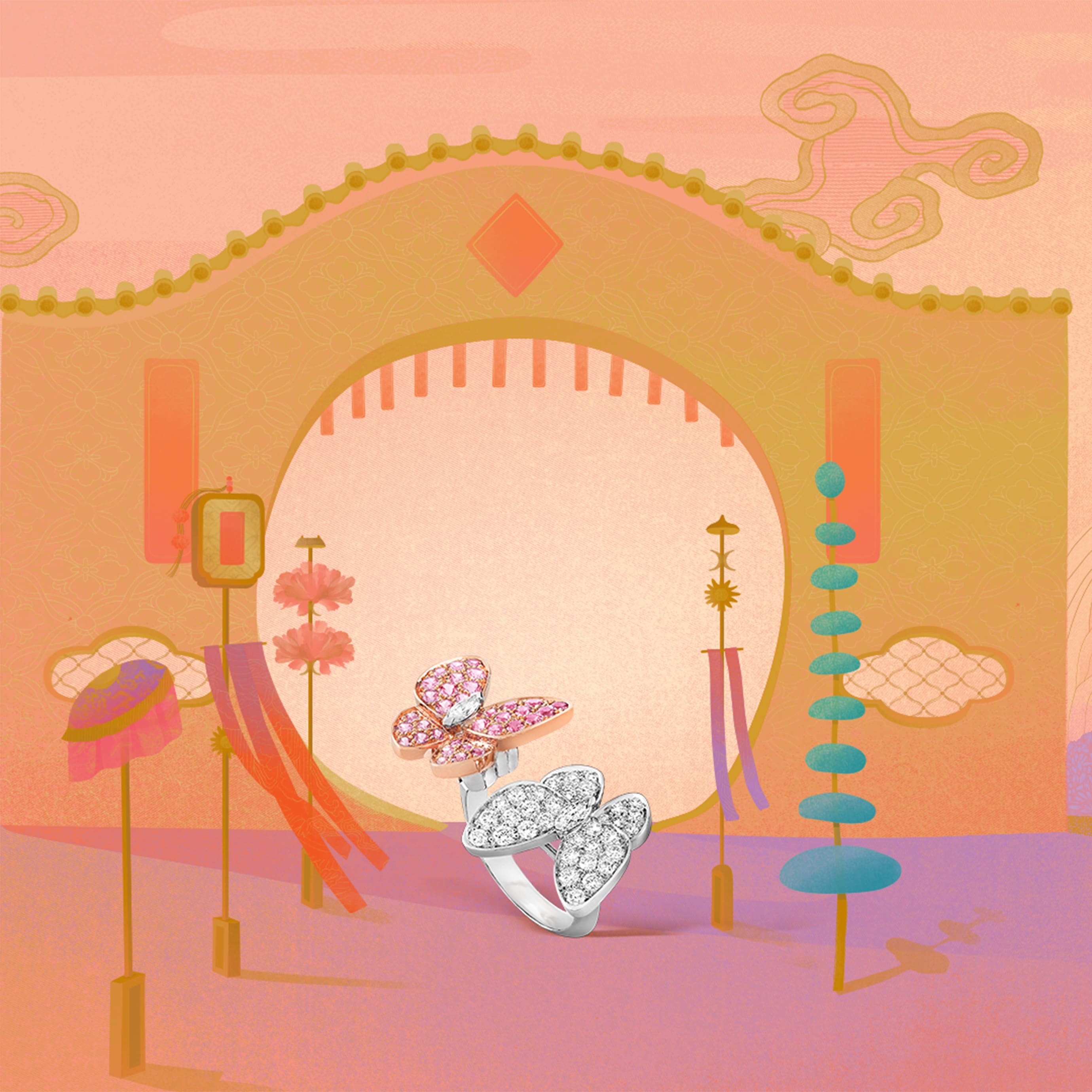 Two Butterfly Between the Finger™ ring, 18K white gold, 18K rose gold, pink sapphires, diamonds.Two Butterfly collection, Van Cleef & Arpels.