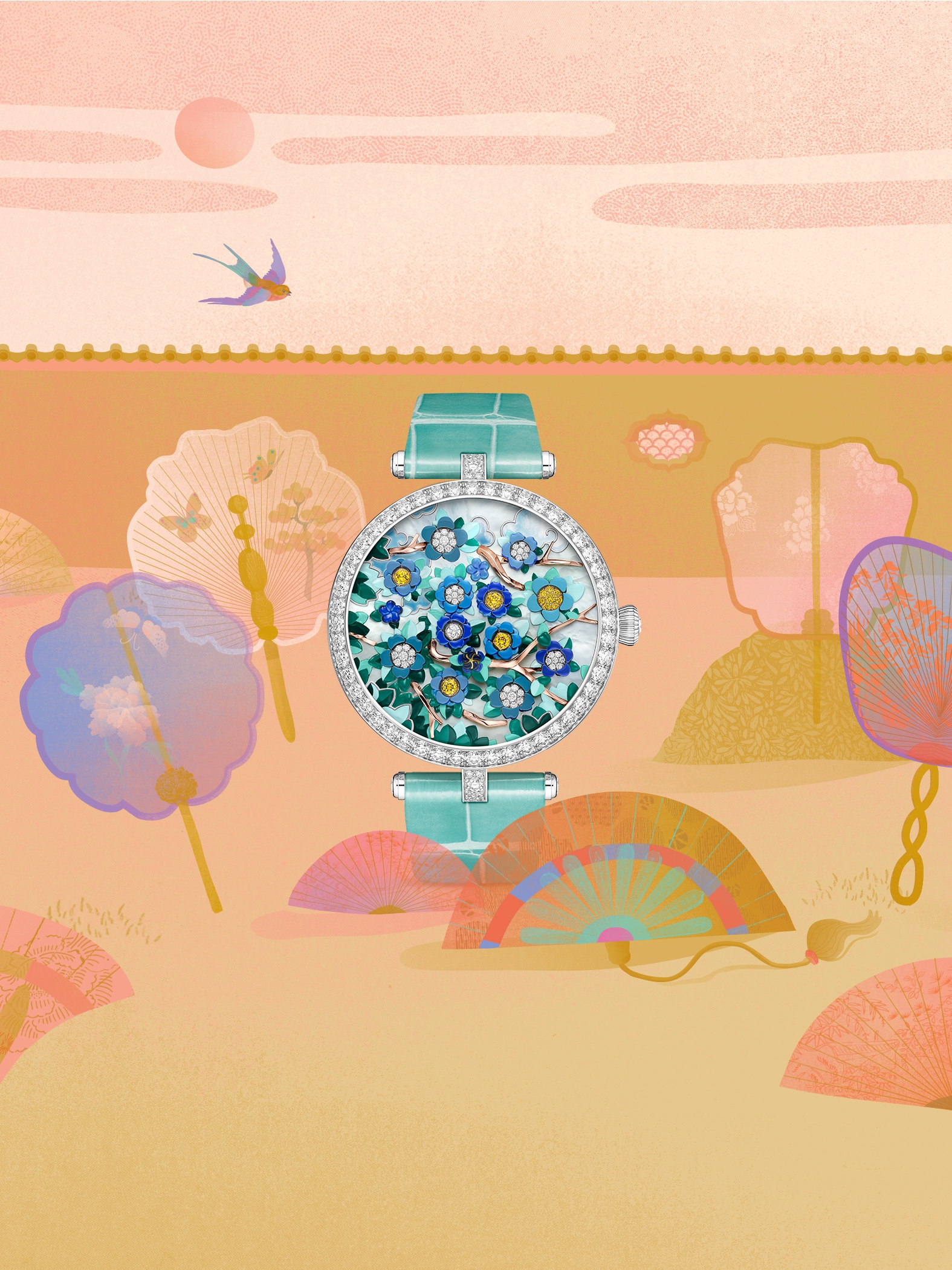 Lady Arpels Heures Florales watch, 18K white gold, 18K rose gold, 18K yellow gold, yellow and white diamonds, white mother-of-pearl and miniature painting. Swiss-made self-winding mechanical movement. Poetic Complications® collection, Van Cleef & Arpels.