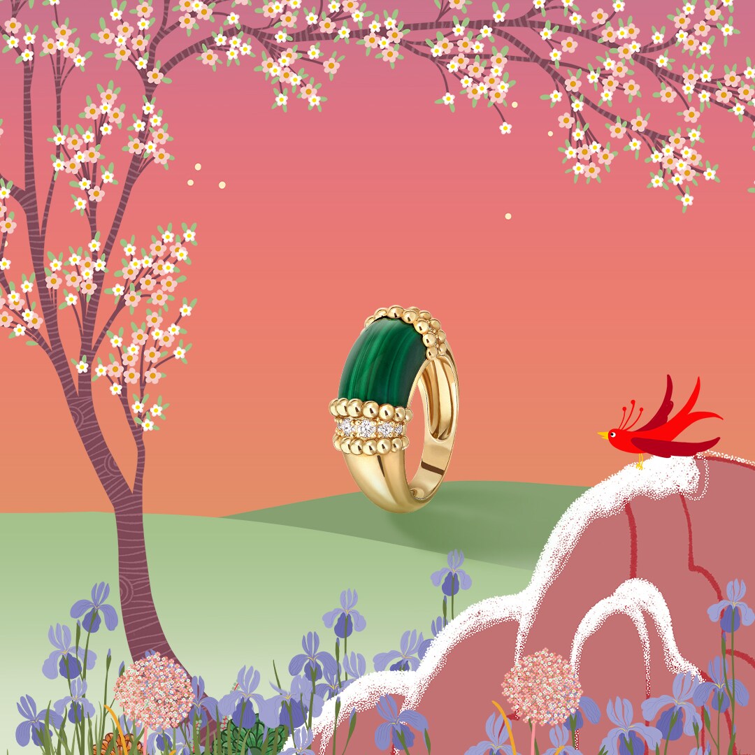 Perlée couleurs戒指，18K黄金，孔雀石，圆形钻石；DEF、IF至VVS级钻石。