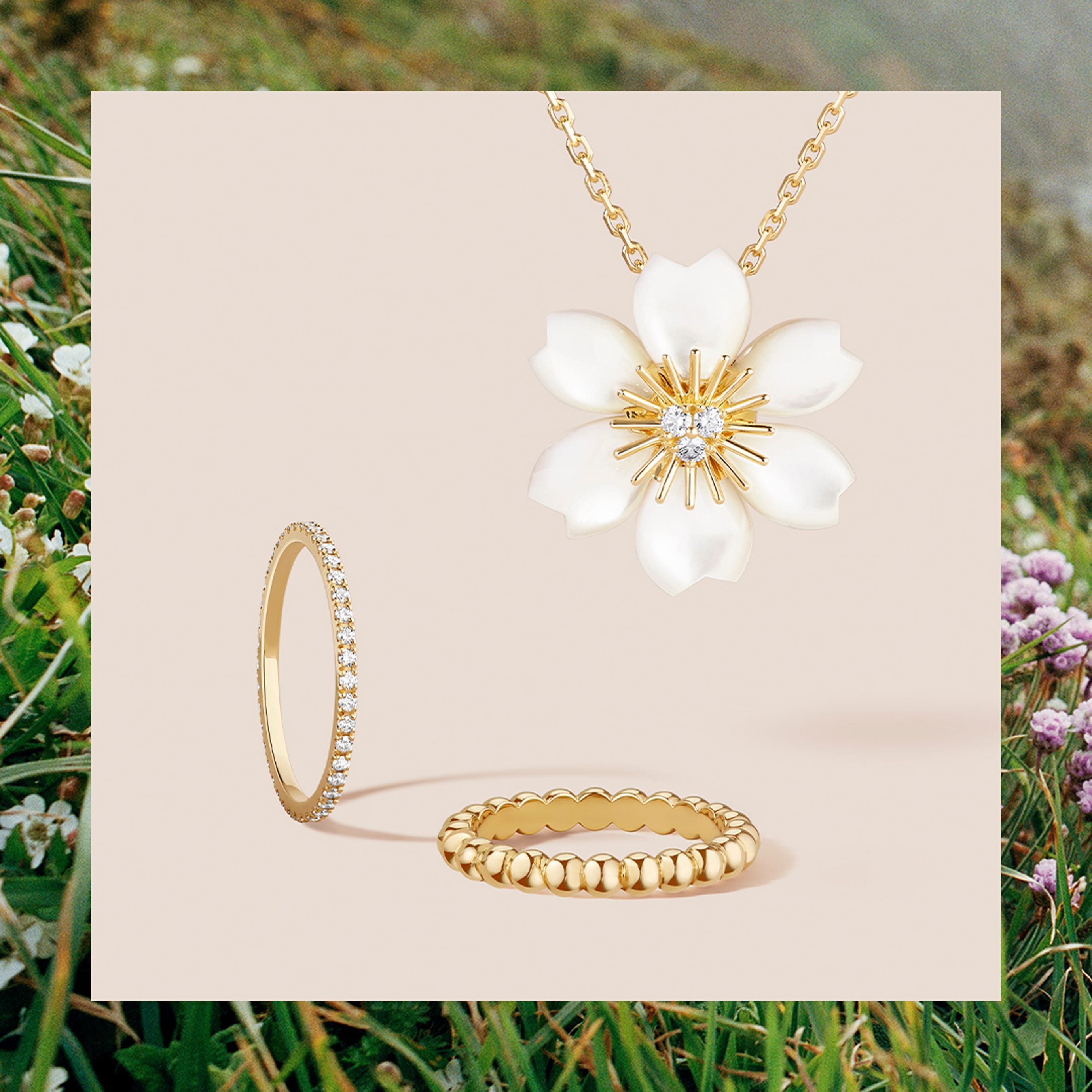 Rose de Noël pendant, mini model, 18K yellow gold, white mother-of-pearl, diamonds. Félicité wedding band 1.25 mm, 18K yellow gold, round diamonds. Perlée pearls of gold ring, medium model, 18K yellow gold. Rose de Noël, Engagement and Perlée collection Van Cleef & Arpels.