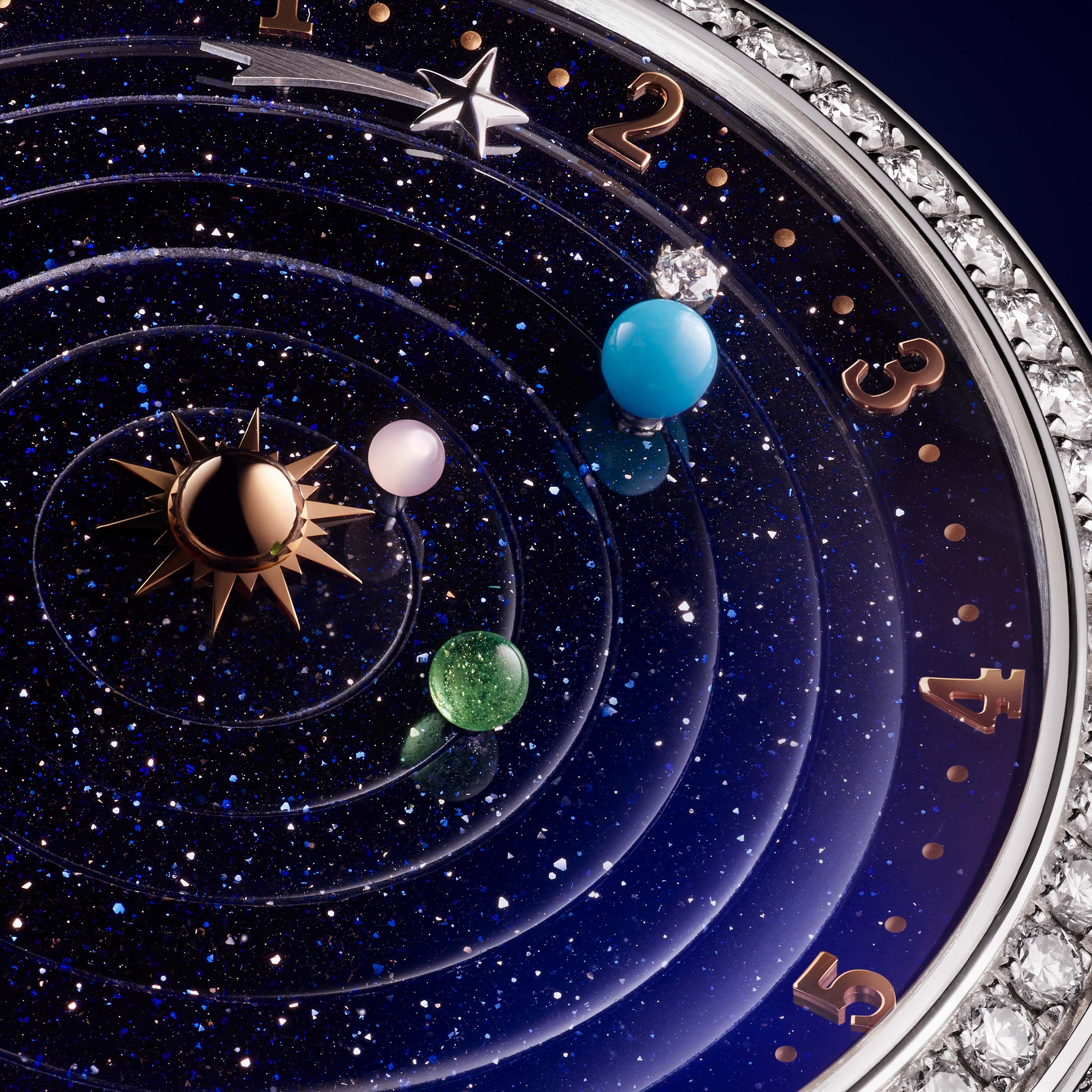 Lady Arpel Planétarium腕表 ， 18K白金和18K玫瑰金，钻石，砂金石，粉红色珍珠母贝，珐琅，绿松石。Poetic Complications诗意复杂功能腕表系列，Van Cleef & Arpels梵克雅宝。