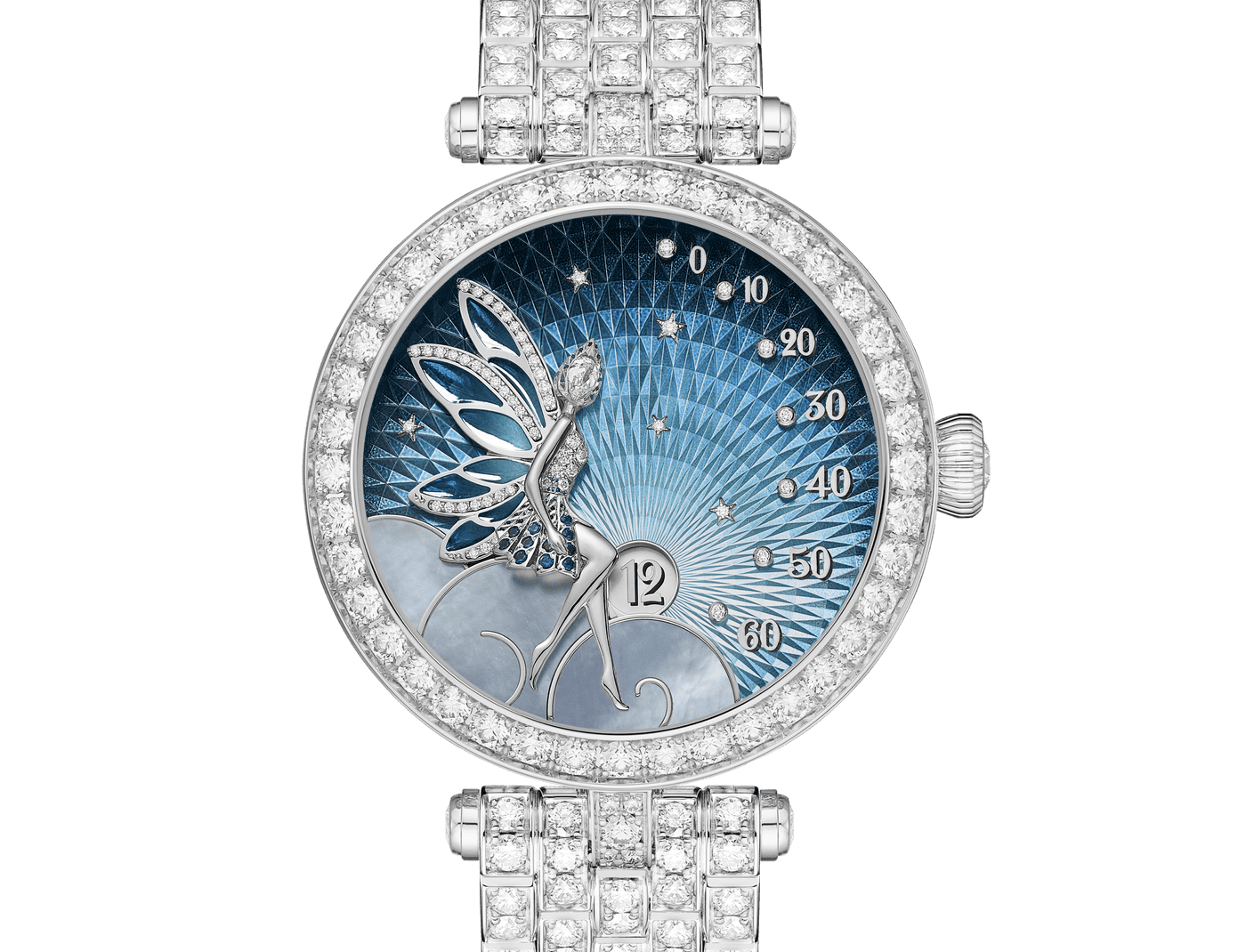 Lady Féerie腕錶，18K白金，鑽石，珍珠母貝，藍寶石。Poetic Complications詩意複雜功能系列，Van Cleef & Arpels梵克雅寶。 - Van Cleef & Arpels
