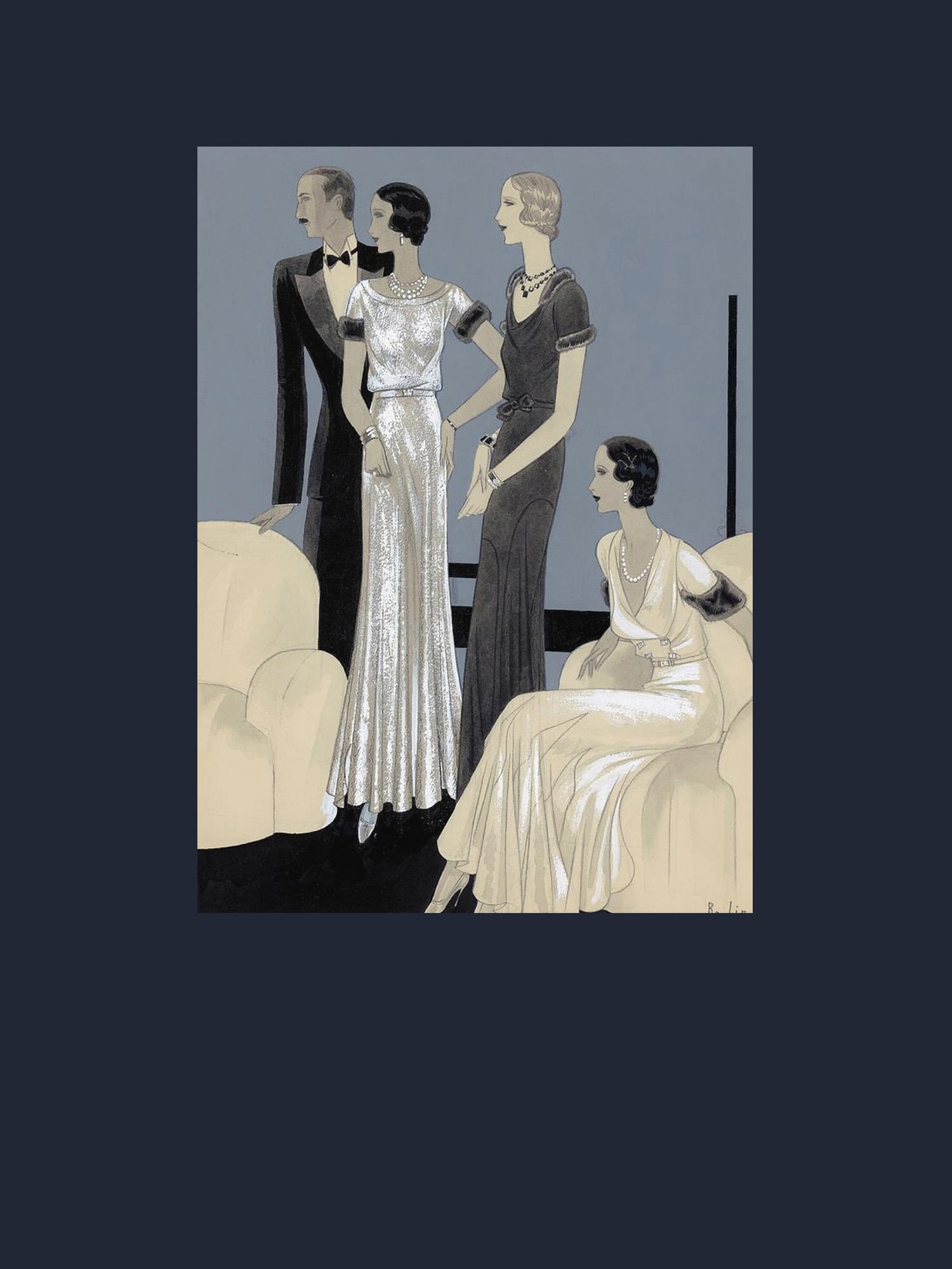 三位身穿晚礼服的女士和一位男士在客厅。