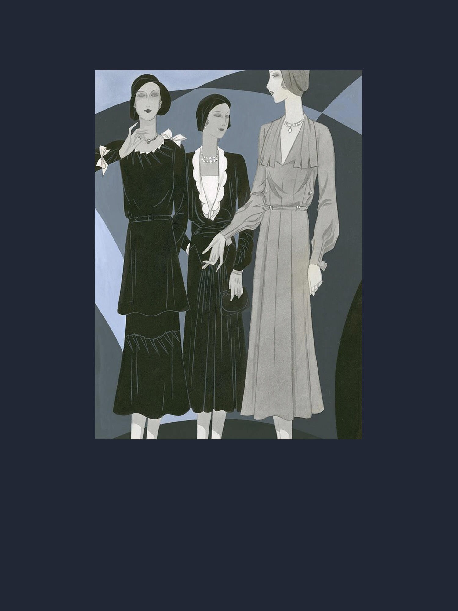 三位女士身穿Germaine Lecomte、Augustabernard和Paquin设计的裙子。